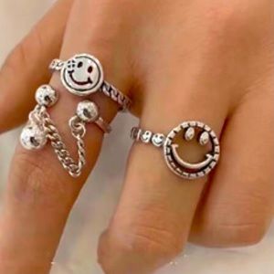 Sterling Silver S925 Adjustable Smiley Ring